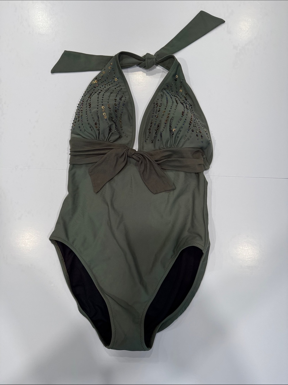 Profile by Gottex Olive Green Sequin Halter One Piece Swimsuit